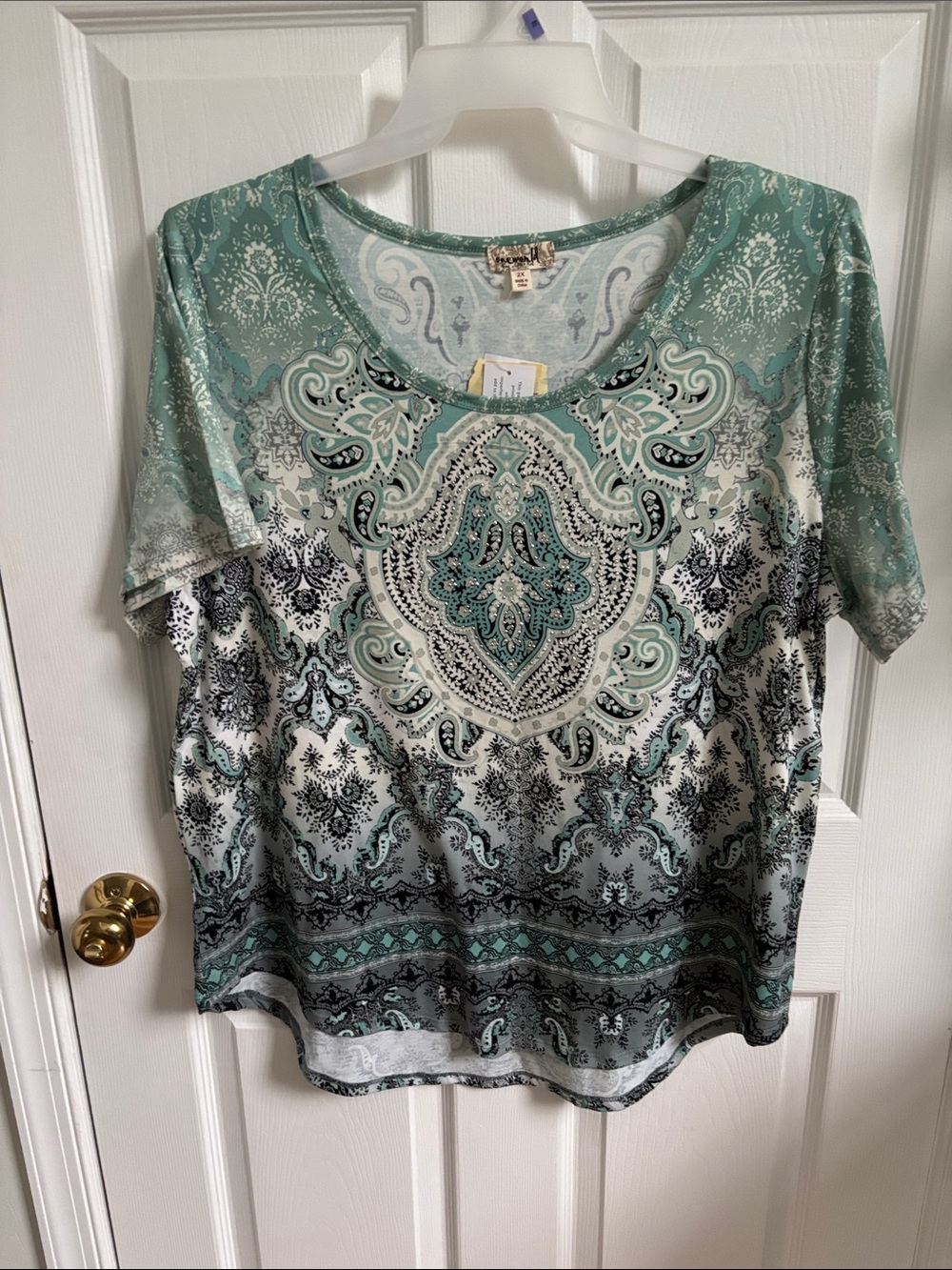 ONE WORLD Mint Paisley Scoop Neck Short Sleeve Top size 2x